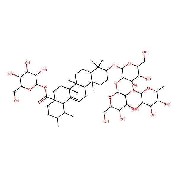 2D Structure of [3,4,5-trihydroxy-6-(hydroxymethyl)oxan-2-yl] 10-[3-[4,5-dihydroxy-6-(hydroxymethyl)-3-(3,4,5-trihydroxy-6-methyloxan-2-yl)oxyoxan-2-yl]oxy-4,5-dihydroxy-6-(hydroxymethyl)oxan-2-yl]oxy-1,2,6a,6b,9,9,12a-heptamethyl-2,3,4,5,6,6a,7,8,8a,10,11,12,13,14b-tetradecahydro-1H-picene-4a-carboxylate