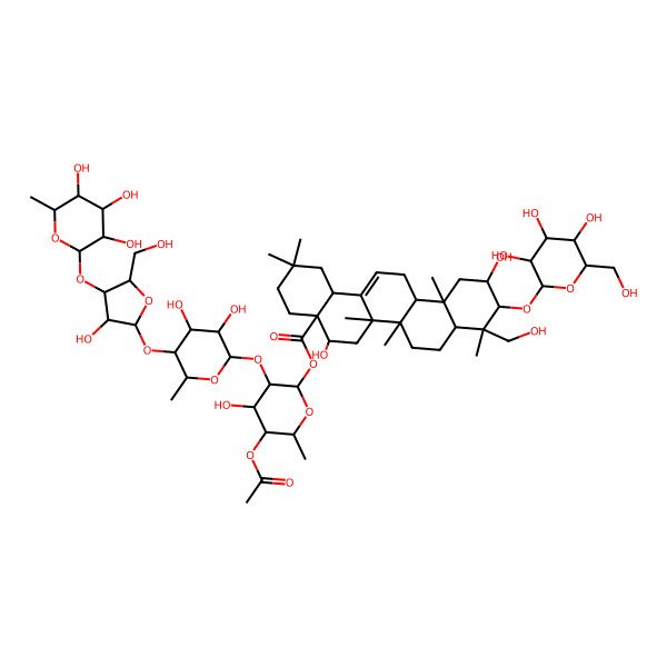 2D Structure of [(2S,3R,4S,5R,6R)-5-acetyloxy-3-[(2S,3S,4R,5S,6R)-3,4-dihydroxy-5-[(2S,3R,4R,5R)-3-hydroxy-5-(hydroxymethyl)-4-[(2S,3S,4S,5S,6R)-3,4,5-trihydroxy-6-methyloxan-2-yl]oxyoxolan-2-yl]oxy-6-methyloxan-2-yl]oxy-4-hydroxy-6-methyloxan-2-yl] (4aR,5R,6aR,6aS,6bR,8aR,9R,10R,11S,12aR,14bS)-5,11-dihydroxy-9-(hydroxymethyl)-2,2,6a,6b,9,12a-hexamethyl-10-[(2R,3R,4S,5S,6R)-3,4,5-trihydroxy-6-(hydroxymethyl)oxan-2-yl]oxy-1,3,4,5,6,6a,7,8,8a,10,11,12,13,14b-tetradecahydropicene-4a-carboxylate