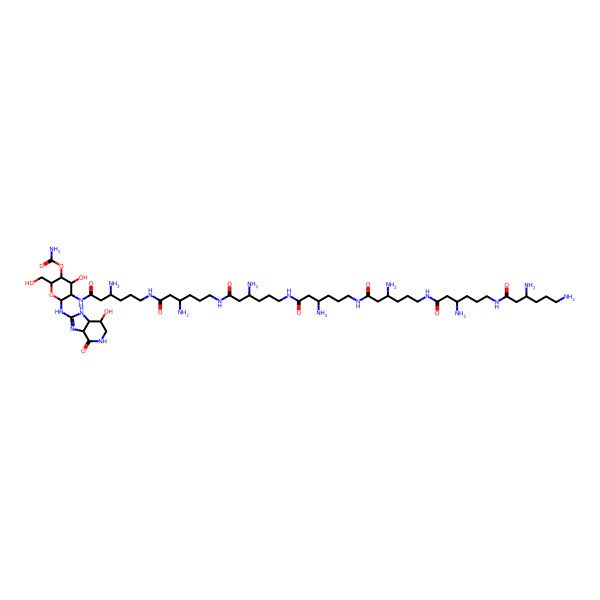 2D Structure of [(2R,3S,4R,5R,6R)-5-[[3-amino-6-[[3-amino-6-[[3-amino-6-[[3-amino-6-[[3-amino-6-[[3-amino-6-(3,6-diaminohexanoylamino)hexanoyl]amino]hexanoyl]amino]hexanoyl]amino]hexanoyl]amino]hexanoyl]amino]hexanoyl]amino]-4-hydroxy-2-(hydroxymethyl)-6-[(7-hydroxy-4-oxo-1,3a,5,6,7,7a-hexahydroimidazo[4,5-c]pyridin-2-yl)amino]oxan-3-yl] carbamate