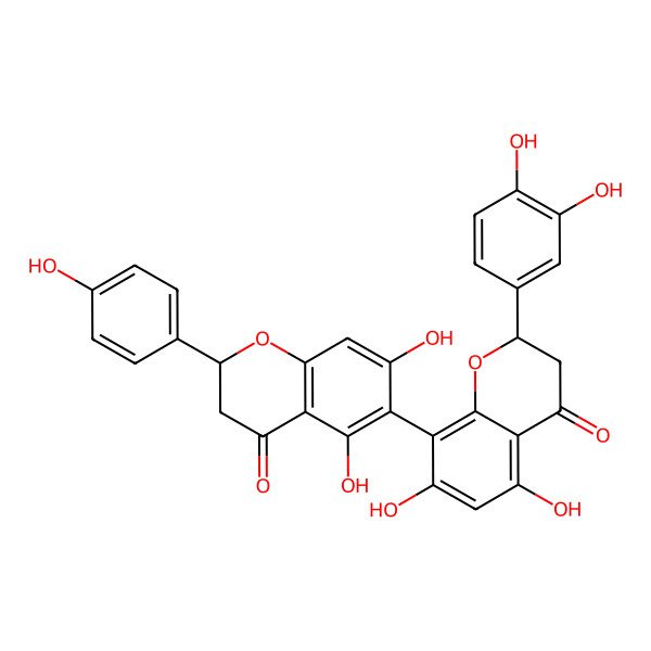 2D Structure of (2R)-6-[(2R)-2-(3,4-dihydroxyphenyl)-5,7-dihydroxy-4-oxo-2,3-dihydrochromen-8-yl]-5,7-dihydroxy-2-(4-hydroxyphenyl)-2,3-dihydrochromen-4-one