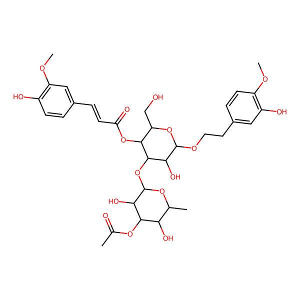 2D Structure of [(2R,3R,4R,5R,6R)-4-[(2S,3R,4R,5S,6S)-4-acetyloxy-3,5-dihydroxy-6-methyloxan-2-yl]oxy-5-hydroxy-6-[2-(3-hydroxy-4-methoxyphenyl)ethoxy]-2-(hydroxymethyl)oxan-3-yl] (E)-3-(4-hydroxy-3-methoxyphenyl)prop-2-enoate