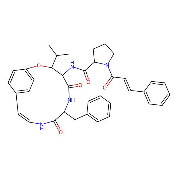 2D Structure of (2S)-N-[(3S,4S,7R,10E)-7-benzyl-5,8-dioxo-3-propan-2-yl-2-oxa-6,9-diazabicyclo[10.2.2]hexadeca-1(14),10,12,15-tetraen-4-yl]-1-[(E)-3-phenylprop-2-enoyl]pyrrolidine-2-carboxamide