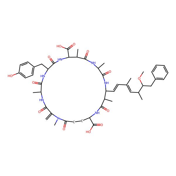 2D Structure of (5R,8S,11R,12S,15S,18S,19S,22R)-8-[(4-hydroxyphenyl)methyl]-18-[(1E,3E,5S,6S)-6-methoxy-3,5-dimethyl-7-phenylhepta-1,3-dienyl]-1,5,12,15,19-pentamethyl-2-methylidene-3,6,9,13,16,20,25-heptaoxo-1,4,7,10,14,17,21-heptazacyclopentacosane-11,22-dicarboxylic acid