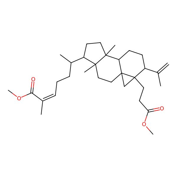 2D Structure of methyl (E,6R)-6-[(1S,4R,5R,8S,9S,12S,13R)-13-(3-methoxy-3-oxopropyl)-4,8-dimethyl-12-prop-1-en-2-yl-5-tetracyclo[7.5.0.01,13.04,8]tetradecanyl]-2-methylhept-2-enoate
