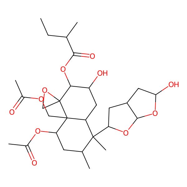 2D Structure of [(1R,2S,3R,4aR,5S,6R,8S,8aR)-5-[(2S,3aS,5S,6aR)-5-hydroxy-2,3,3a,4,5,6a-hexahydrofuro[2,3-b]furan-2-yl]-8-acetyloxy-8a-(acetyloxymethyl)-3-hydroxy-5,6-dimethylspiro[3,4,4a,6,7,8-hexahydro-2H-naphthalene-1,2'-oxirane]-2-yl] (2R)-2-methylbutanoate
