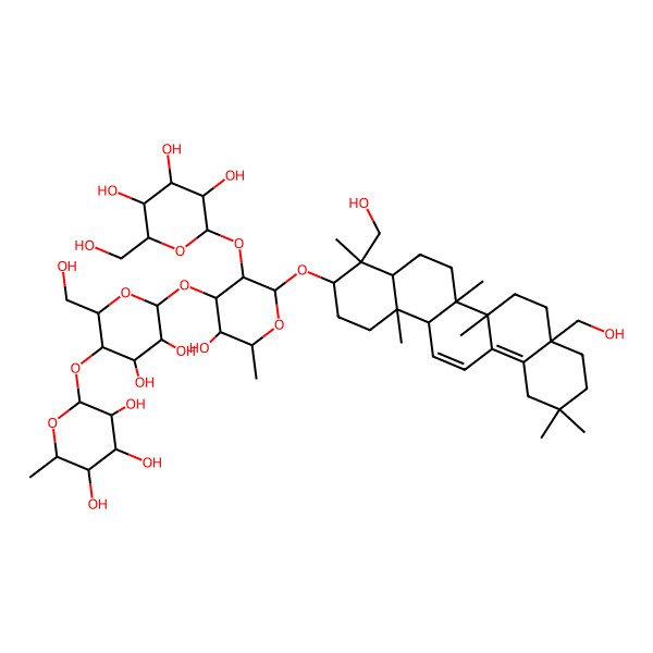 2D Structure of (2S,3R,4R,5R,6R)-2-[(2R,3S,4R,5R,6S)-6-[(2R,3R,4S,5S,6R)-2-[[(3S,4R,4aS,6aR,6bS,8aS,14aR,14bS)-4,8a-bis(hydroxymethyl)-4,6a,6b,11,11,14b-hexamethyl-1,2,3,4a,5,6,7,8,9,10,12,14a-dodecahydropicen-3-yl]oxy]-5-hydroxy-6-methyl-3-[(2S,3R,4S,5S,6R)-3,4,5-trihydroxy-6-(hydroxymethyl)oxan-2-yl]oxyoxan-4-yl]oxy-4,5-dihydroxy-2-(hydroxymethyl)oxan-3-yl]oxy-6-methyloxane-3,4,5-triol