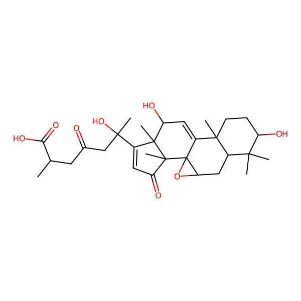 2D Structure of (2S,6S)-6-[(1R,3R,5R,7S,10S,13S,14R,18R)-7,13-dihydroxy-6,6,10,14,18-pentamethyl-17-oxo-2-oxapentacyclo[9.7.0.01,3.05,10.014,18]octadeca-11,15-dien-15-yl]-6-hydroxy-2-methyl-4-oxoheptanoic acid