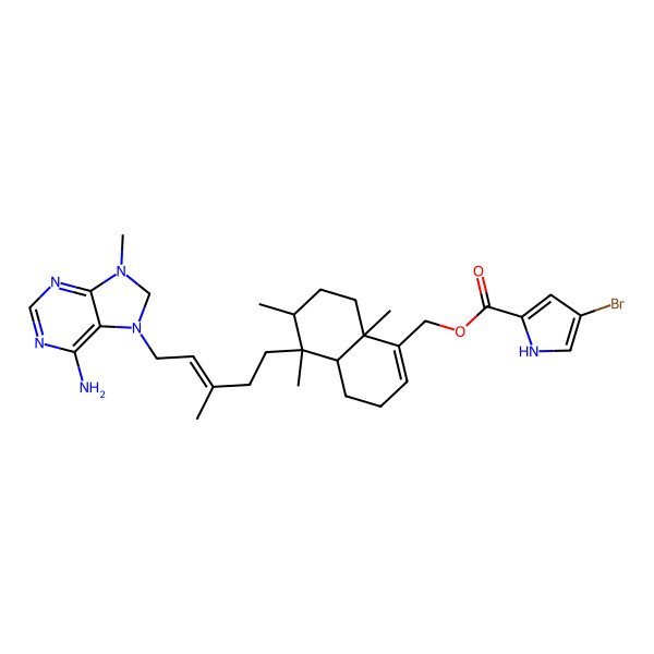 2D Structure of [(4aS,5R,6S,8aR)-5-[(E)-5-(6-amino-9-methyl-8H-purin-7-yl)-3-methylpent-3-enyl]-5,6,8a-trimethyl-3,4,4a,6,7,8-hexahydronaphthalen-1-yl]methyl 4-bromo-1H-pyrrole-2-carboxylate
