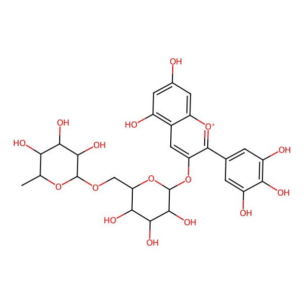 2D Structure of (2R,3S,4S,5R,6S)-2-[[(2R,3S,4S,5R,6S)-6-[5,7-dihydroxy-2-(3,4,5-trihydroxyphenyl)chromenylium-3-yl]oxy-3,4,5-trihydroxyoxan-2-yl]methoxy]-6-methyloxane-3,4,5-triol