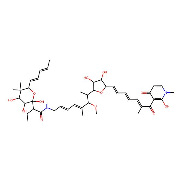 2D Structure of (2S)-N-[(2E,4E,6S,7R)-7-[(2S,5R)-3,4-dihydroxy-5-[(1E,3E,5E)-7-(2-hydroxy-1-methyl-4-oxopyridin-3-yl)-6-methyl-7-oxohepta-1,3,5-trienyl]oxolan-2-yl]-6-methoxy-5-methylocta-2,4-dienyl]-2-[2,3,4-trihydroxy-5,5-dimethyl-6-[(1E,3Z)-penta-1,3-dienyl]oxan-2-yl]butanamide
