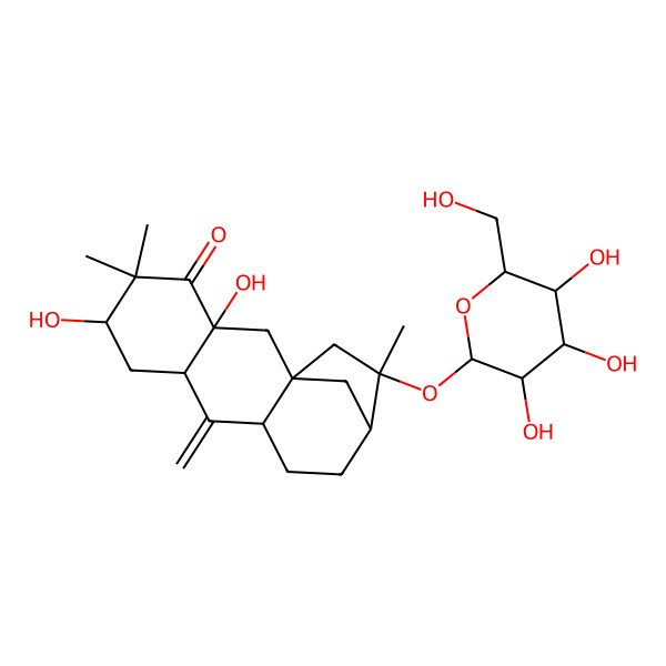 2D Structure of 3,6-Dihydroxy-5,5,14-trimethyl-9-methylidene-14-[3,4,5-trihydroxy-6-(hydroxymethyl)oxan-2-yl]oxytetracyclo[11.2.1.01,10.03,8]hexadecan-4-one