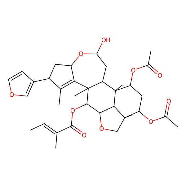 2D Structure of [(1R,2R,4R,6S,8R,11R,12S,13R,16R,17R,19S,20R)-17,19-diacetyloxy-8-(furan-3-yl)-4-hydroxy-1,9,11,16-tetramethyl-5,14-dioxapentacyclo[11.6.1.02,11.06,10.016,20]icos-9-en-12-yl] (E)-2-methylbut-2-enoate