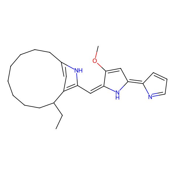 2D Structure of (2R)-2-ethyl-13-[(Z)-[(5Z)-3-methoxy-5-pyrrol-2-ylidenepyrrol-2-ylidene]methyl]-12-azabicyclo[9.2.1]tetradeca-1(13),11(14)-diene
