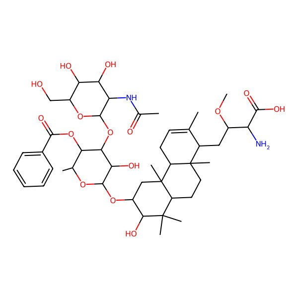 2D Structure of (2S,3S)-4-[(1S,4aS,4bS,6S,7S,8aS,10aS)-6-[(2S,3R,4S,5S,6S)-4-[(2S,3R,4R,5S,6R)-3-acetamido-4,5-dihydroxy-6-(hydroxymethyl)oxan-2-yl]oxy-5-benzoyloxy-3-hydroxy-6-methyloxan-2-yl]oxy-7-hydroxy-2,4b,8,8,10a-pentamethyl-4,4a,5,6,7,8a,9,10-octahydro-1H-phenanthren-1-yl]-2-amino-3-methoxybutanoic acid