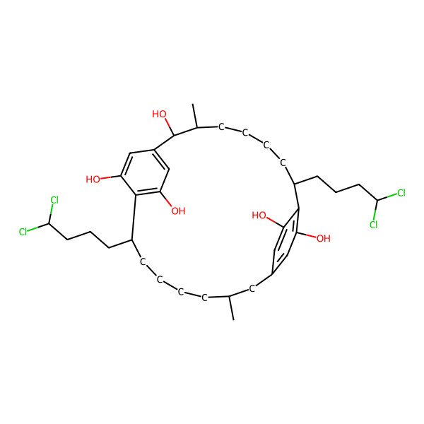 2D Structure of 8,19-Bis(4,4-dichlorobutyl)-3,14-dimethyltricyclo[18.2.2.29,12]hexacosa-1(22),9,11,20,23,25-hexaene-2,10,21,24,26-pentol