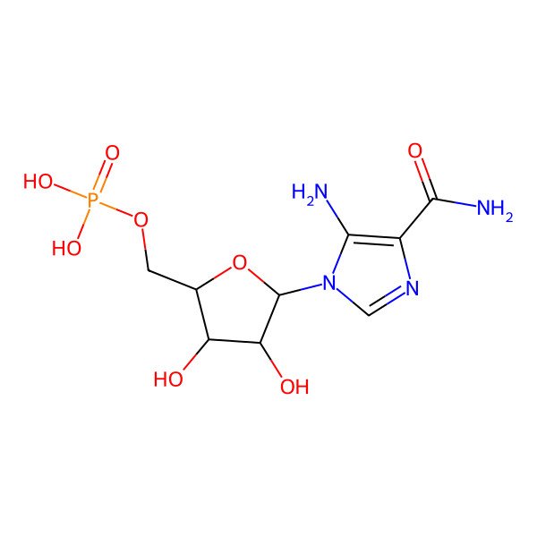 2D Structure of 1H-imidazole-4-carboxamide, 5-amino-1-(5-O-phosphono-beta-D-ribofuranosyl)-