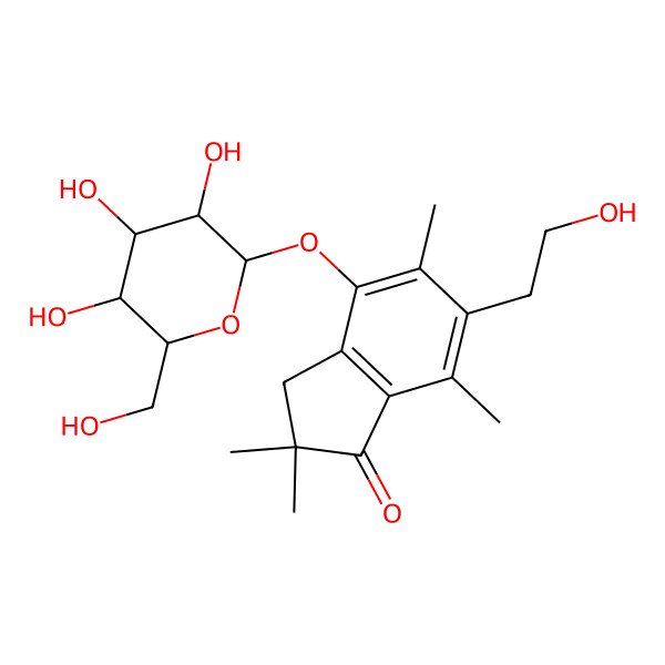 2D Structure of 1H-Inden-1-one, 4-(beta-D-glucopyranosyloxy)-2,3-dihydro-6-(2-hydroxyethyl)-2,2,5,7-tetramethyl- 2D Structure of 1H-Inden-1-one, 4-(beta-D-glucopyranosyloxy)-2,3-dihydro-6-(2-hydroxyethyl)-2,2,5,7-tetramethyl-