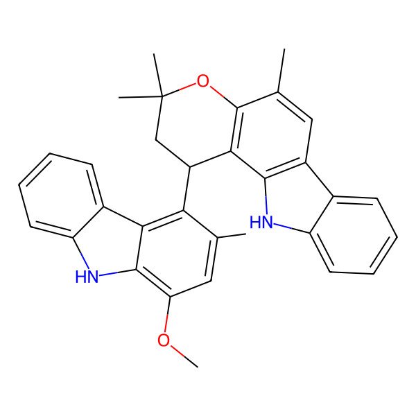 2D Structure of (1R)-1-(1-methoxy-3-methyl-9H-carbazol-4-yl)-3,3,5-trimethyl-2,11-dihydro-1H-pyrano[3,2-a]carbazole