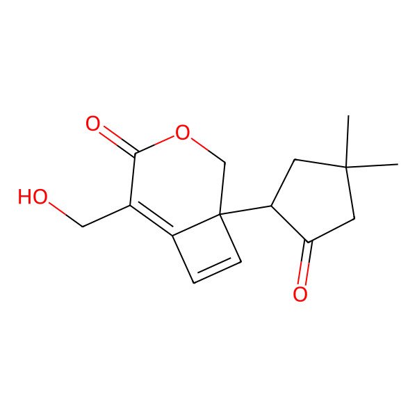 2D Structure of (1R)-1-[(1R)-4,4-dimethyl-2-oxocyclopentyl]-5-(hydroxymethyl)-3-oxabicyclo[4.2.0]octa-5,7-dien-4-one