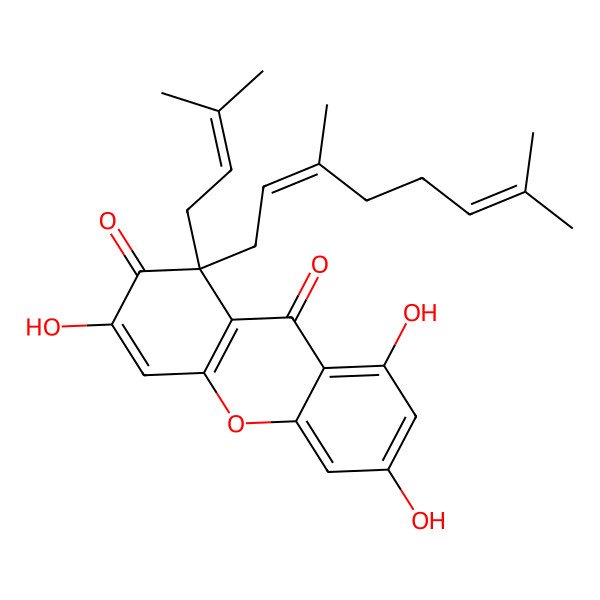 2D Structure of (1R)-1-[(2E)-3,7-dimethylocta-2,6-dienyl]-3,6,8-trihydroxy-1-(3-methylbut-2-enyl)xanthene-2,9-dione