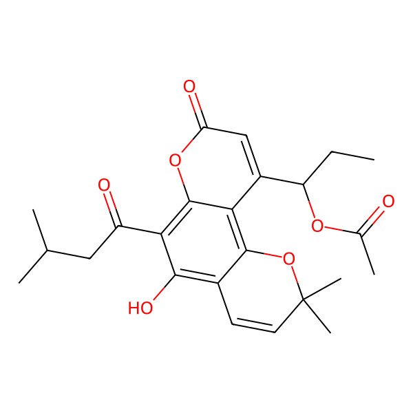 2D Structure of [(1R)-1-[5-hydroxy-2,2-dimethyl-6-(3-methylbutanoyl)-8-oxopyrano[2,3-f]chromen-10-yl]propyl] acetate