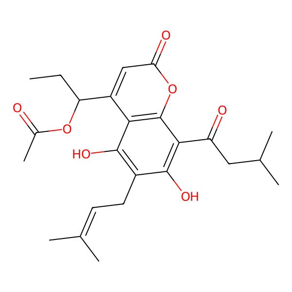2D Structure of [(1R)-1-[5,7-dihydroxy-8-(3-methylbutanoyl)-6-(3-methylbut-2-enyl)-2-oxochromen-4-yl]propyl] acetate