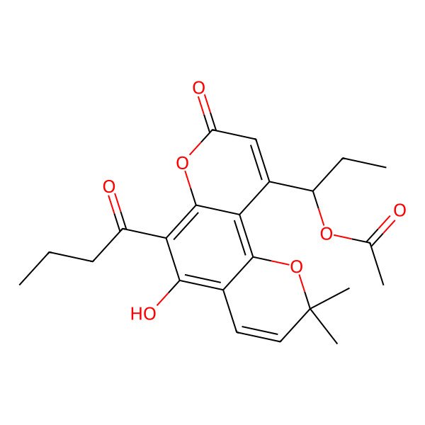 2D Structure of [(1R)-1-(6-butanoyl-5-hydroxy-2,2-dimethyl-8-oxopyrano[2,3-f]chromen-10-yl)propyl] acetate