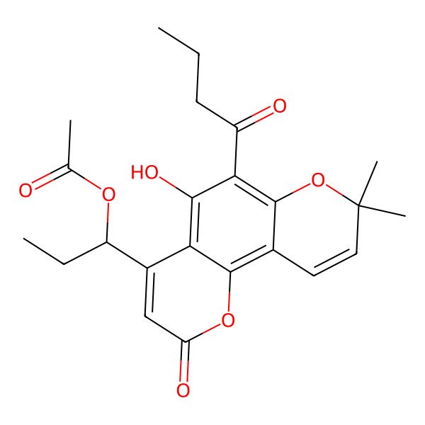 2D Structure of [(1R)-1-(6-butanoyl-5-hydroxy-8,8-dimethyl-2-oxopyrano[2,3-h]chromen-4-yl)propyl] acetate