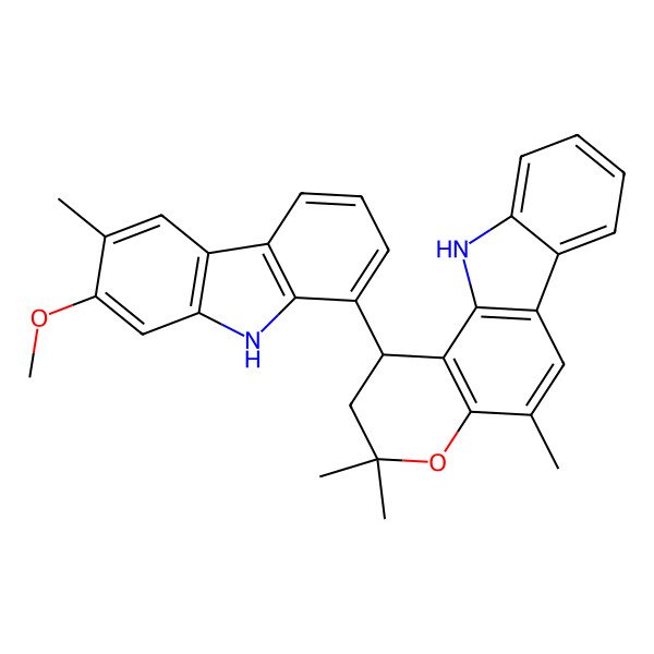 2D Structure of (1R)-1-(7-methoxy-6-methyl-9H-carbazol-1-yl)-3,3,5-trimethyl-2,11-dihydro-1H-pyrano[3,2-a]carbazole