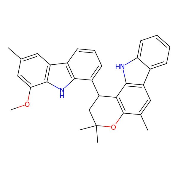 2D Structure of (1R)-1-(8-methoxy-6-methyl-9H-carbazol-1-yl)-3,3,5-trimethyl-2,11-dihydro-1H-pyrano[3,2-a]carbazole