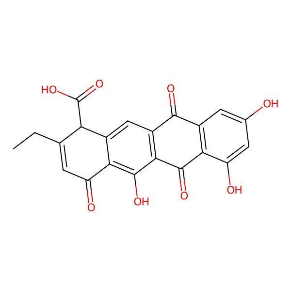 2D Structure of (1R)-2-ethyl-5,7,9-trihydroxy-4,6,11-trioxo-1H-tetracene-1-carboxylic acid