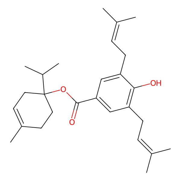 2D Structure of [(1R)-4-methyl-1-propan-2-ylcyclohex-3-en-1-yl] 4-hydroxy-3,5-bis(3-methylbut-2-enyl)benzoate