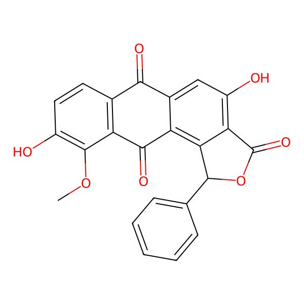 2D Structure of (1R)-4,9-dihydroxy-10-methoxy-1-phenyl-1H-naphtho[3,2-e][2]benzofuran-3,6,11-trione