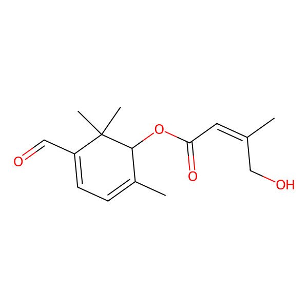 2D Structure of [(1R)-5-formyl-2,6,6-trimethylcyclohexa-2,4-dien-1-yl] (E)-4-hydroxy-3-methylbut-2-enoate