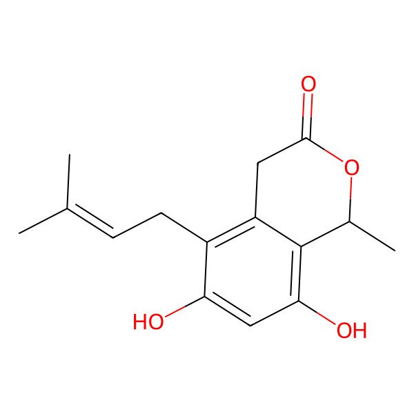 2D Structure of (1R)-6,8-dihydroxy-1-methyl-5-(3-methylbut-2-enyl)-1,4-dihydroisochromen-3-one