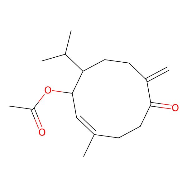 2D Structure of [(1R,2E,10R)-3-methyl-7-methylidene-6-oxo-10-propan-2-ylcyclodec-2-en-1-yl] acetate