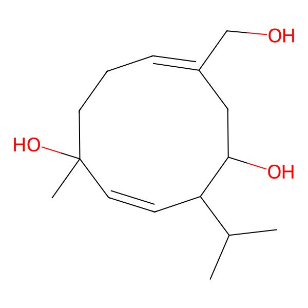 2D Structure of (1R,2E,4R,5R,7Z)-7-(hydroxymethyl)-1-methyl-4-propan-2-ylcyclodeca-2,7-diene-1,5-diol 2D Structure of (1R,2E,4R,5R,7Z)-7-(hydroxymethyl)-1-methyl-4-propan-2-ylcyclodeca-2,7-diene-1,5-diol