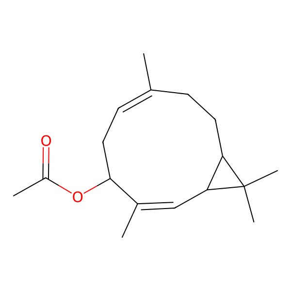 2D Structure of [(1R,2E,4R,6E,10S)-3,7,11,11-tetramethyl-4-bicyclo[8.1.0]undeca-2,6-dienyl] acetate