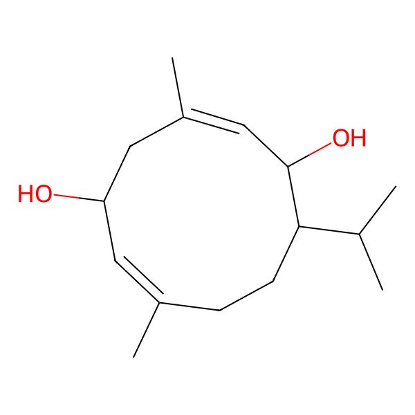 2D Structure of (1R,2E,5R,10S)-3,7-dimethyl-10-propan-2-ylcyclodeca-2,6-diene-1,5-diol