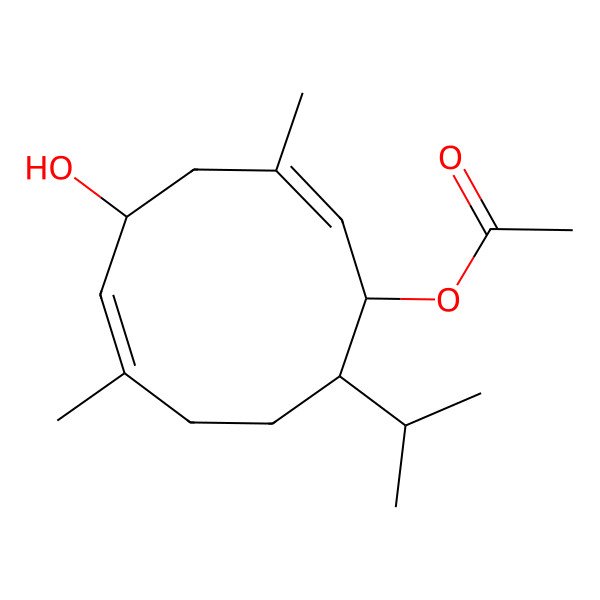 2D Structure of [(1R,2E,5R,6E,10S)-5-hydroxy-3,7-dimethyl-10-propan-2-ylcyclodeca-2,6-dien-1-yl] acetate