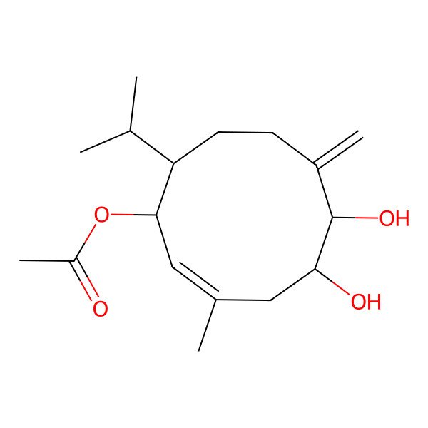 2D Structure of [(1R,2E,5R,6R,10S)-5,6-dihydroxy-3-methyl-7-methylidene-10-propan-2-ylcyclodec-2-en-1-yl] acetate