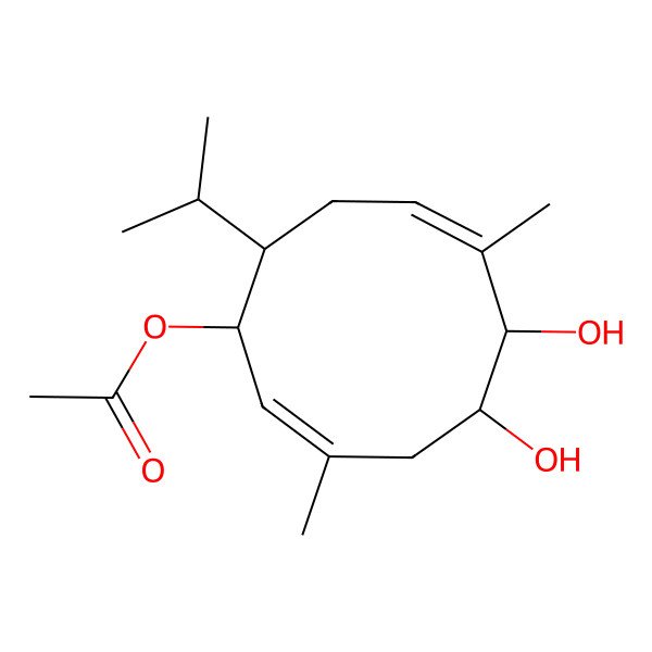 2D Structure of [(1R,2E,5R,6R,7Z,10S)-5,6-dihydroxy-3,7-dimethyl-10-propan-2-ylcyclodeca-2,7-dien-1-yl] acetate