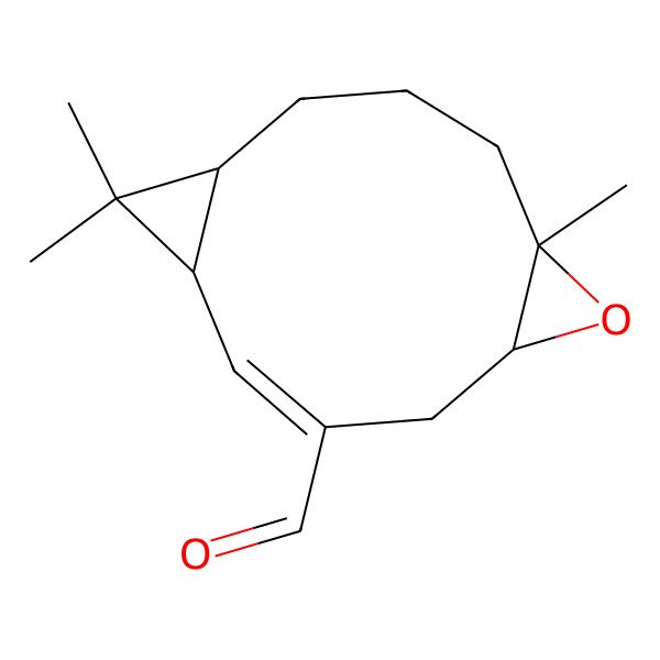 2D Structure of (1R,2E,5R,7R,11R)-7,12,12-trimethyl-6-oxatricyclo[9.1.0.05,7]dodec-2-ene-3-carbaldehyde