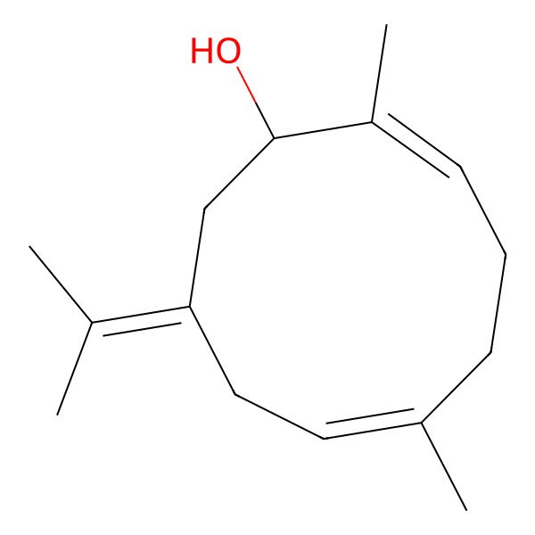 2D Structure of (1R,2E,6E)-2,6-dimethyl-9-propan-2-ylidenecyclodeca-2,6-dien-1-ol
