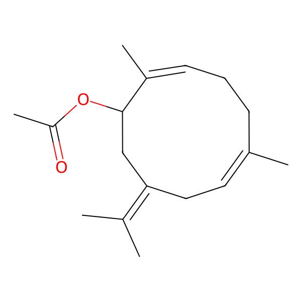2D Structure of [(1R,2E,6E)-2,6-dimethyl-9-propan-2-ylidenecyclodeca-2,6-dien-1-yl] acetate