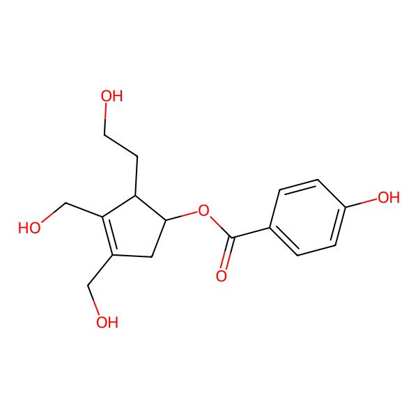 2D Structure of [(1R,2R)-2-(2-hydroxyethyl)-3,4-bis(hydroxymethyl)cyclopent-3-en-1-yl] 4-hydroxybenzoate