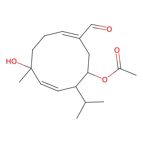 2D Structure of [(1R,2R,3E,5R,8E)-9-formyl-5-hydroxy-5-methyl-2-propan-2-ylcyclodeca-3,8-dien-1-yl] acetate