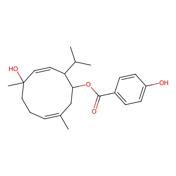 2D Structure of [(1R,2R,3E,5S,8E)-5-hydroxy-5,9-dimethyl-2-propan-2-ylcyclodeca-3,8-dien-1-yl] 4-hydroxybenzoate