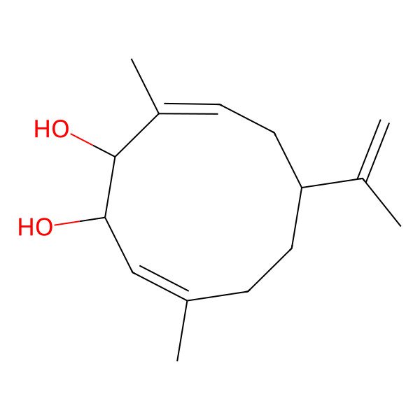 2D Structure of (1R,2R,3E,6S,9E)-3,9-dimethyl-6-prop-1-en-2-ylcyclodeca-3,9-diene-1,2-diol