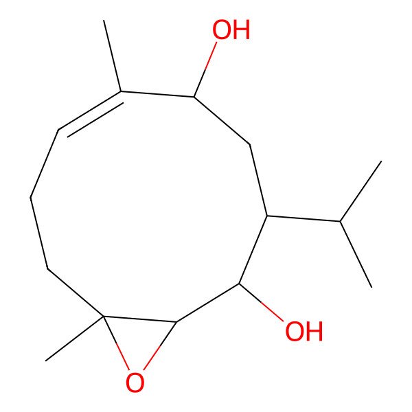 2D Structure of (1R,2R,3S,5R,6E,10S)-6,10-dimethyl-3-propan-2-yl-11-oxabicyclo[8.1.0]undec-6-ene-2,5-diol